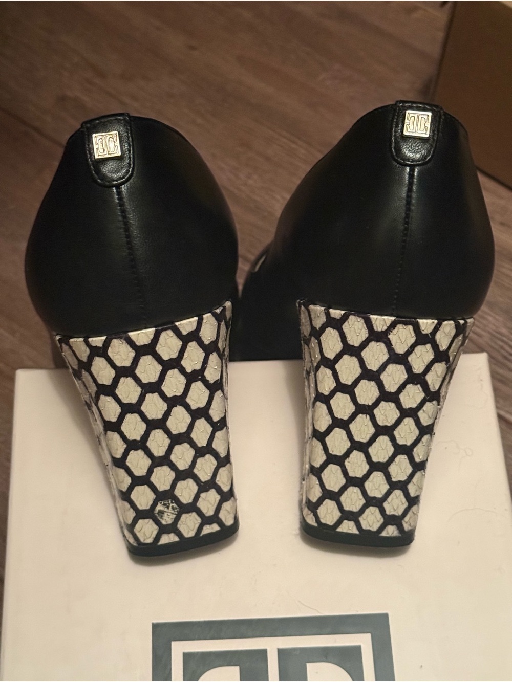 Ivanka Trump Black Pumps with Cream Honeycomb Block Heels